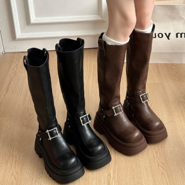 【予約販売】ブーツ レディース ブラック ブラウン レザー ベルト バックル 防寒 ロング丈 厚底 ヒール カジュアル 可愛い トレンド 靴 お洒落 韓国 秋 冬 22.5cm/23cm/23.5cm/24cm/24.5cm/25cm