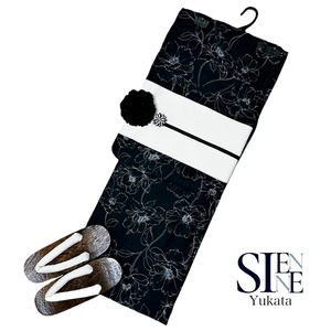 浴衣ジェンヌ 浴衣5点セット ポリエステル ゆかた 黒 ブラック 半幅帯 浴衣