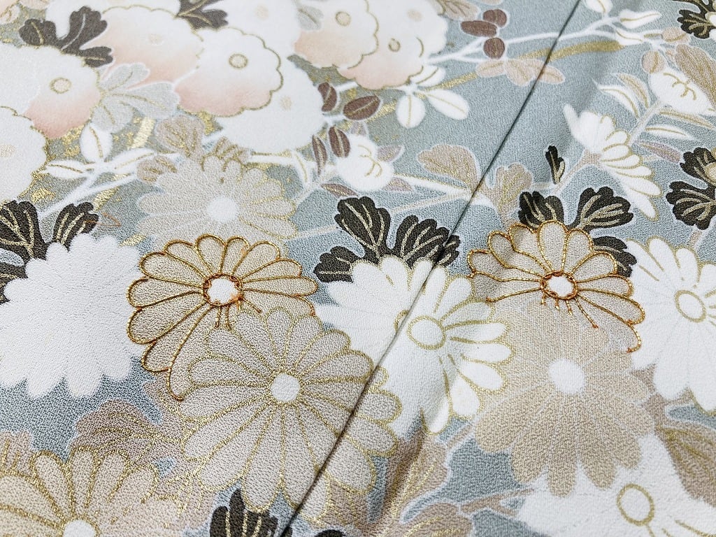 本金箔 金駒刺繍 京友禅 菊 萩 訪問着 花柄 正絹 裏葉色 薄緑 766