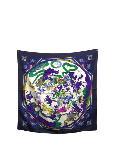 CELINE セリーヌ スカーフ ネイビー 星座モチーフ シルク vintage ヴィンテージ オールド tdh3ey