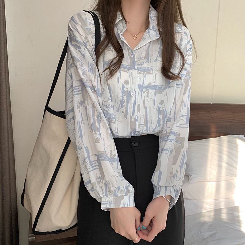 スタンダードルーズカジュアルプリント薄手シャツ レディーススタイルスプリングオータム ロング レトロ 春物 秋物 萌量不足98294371778