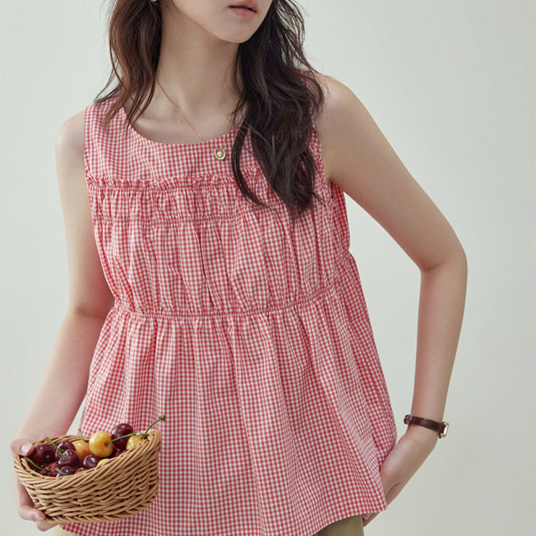 gathered gingham sleeveless blouse