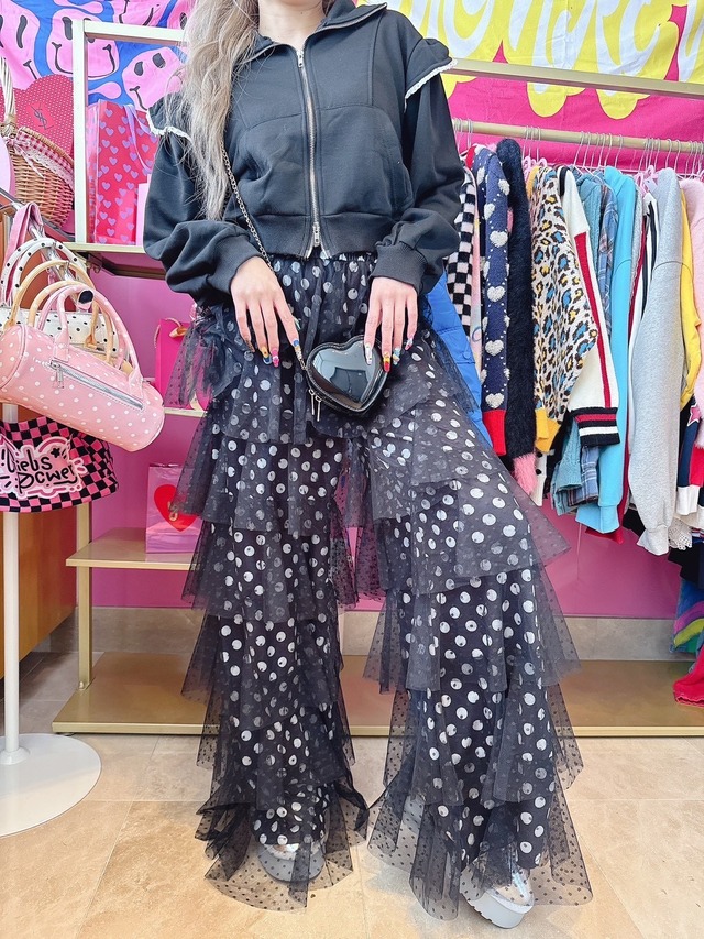 チュールフリルドットパンツブラック♡韓国/レディースファッション/ボトムス/レース/オレンジ/水玉/レース（5-206）