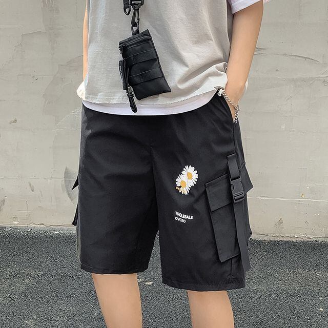 【予約販売】ハーフパンツ メンズ シンプル ブラック ベージュ 花 カジュアル ポケット スタイリッシュ こなれ感 お洒落 韓国 トレンド 春 秋 夏 S/M/L/XL/2XL/3XL
