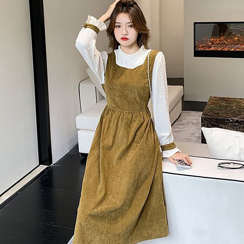 【新作】【送料無料】 通勤、シンプルで多用途な韓国ドレス、エレガントでレディライクなフェイクツーピース秋冬レディースボトムスカート 022997665849