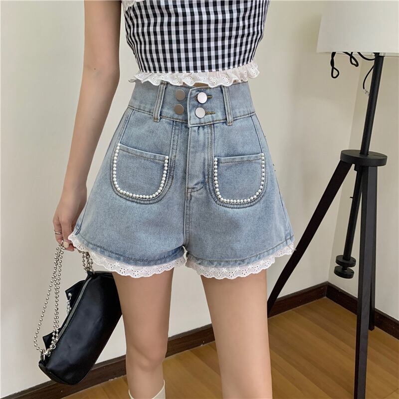 レースルーズパンツ パールポケットジーンズ サマーハイウェストショーツ 夏物 ブルマー 真珠 萌量不足48927713759