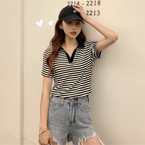 ✞ Tシャツ きれいめ☆スリムスタンダードストライプVネックトップス レトロ ✞ゴスロリ SM ミリ 甘ロリ クラロリ 和ロリ エレガント 黒ロリ 姫ロリ 華ロリ BB-BB7601594