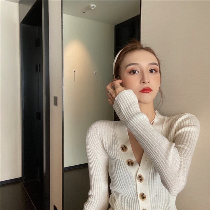 ニットセーター シャツ スプリングホワイトVネックショートトップス ロング 春物 ブラックストロベリース37238571101