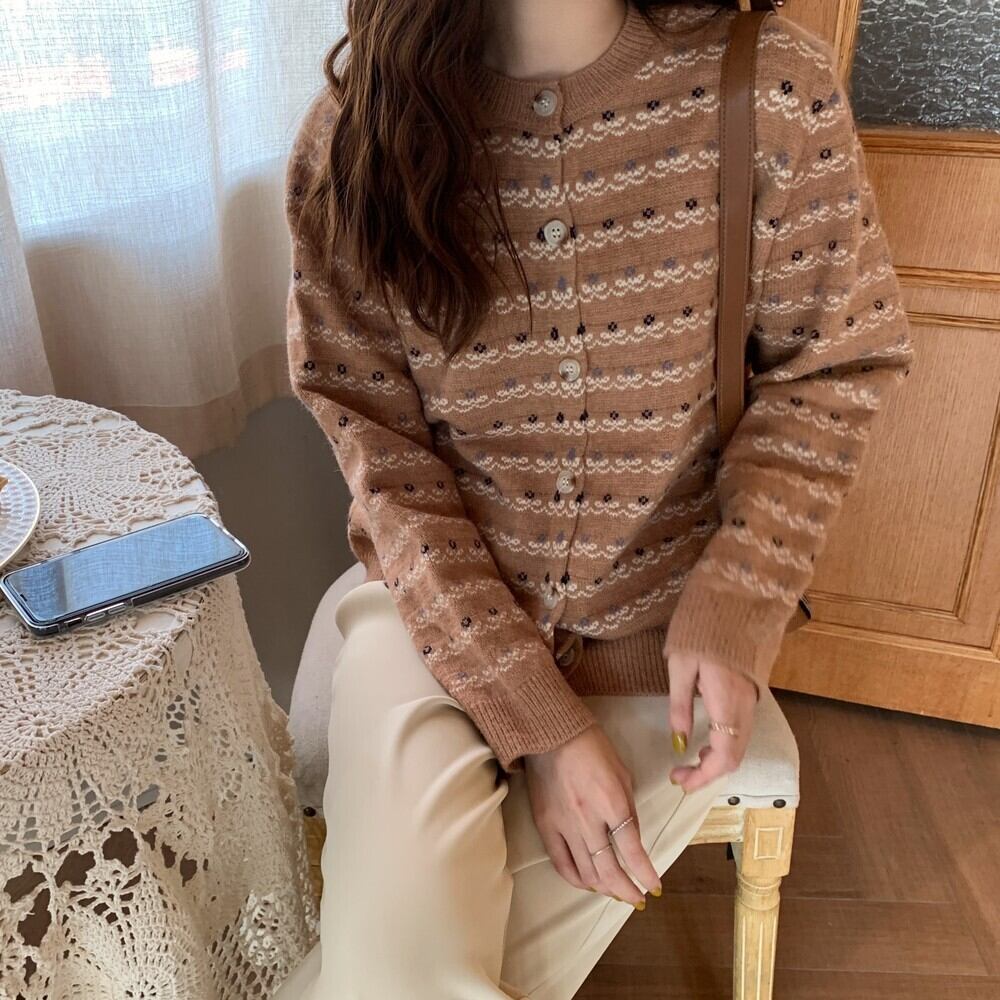 スタンダードフローラルセーター オータムウィンタースタイルルーズニットカーディガンジャケット コート レトロ 秋物 冬物 花柄 萌量不足90787739869