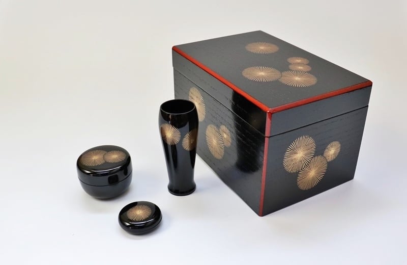 利休茶箱フルセット掻き合爪赤 新品茶巾と野点茶筅つき 代