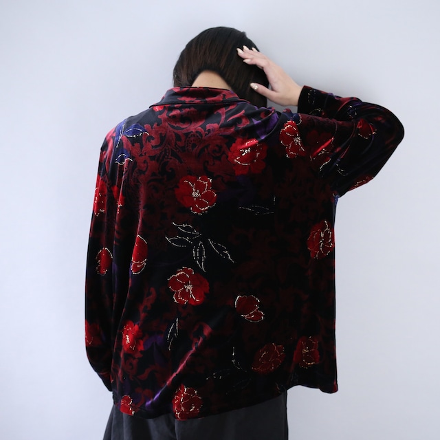 elegant flower art pattern mao-collar velours shirt