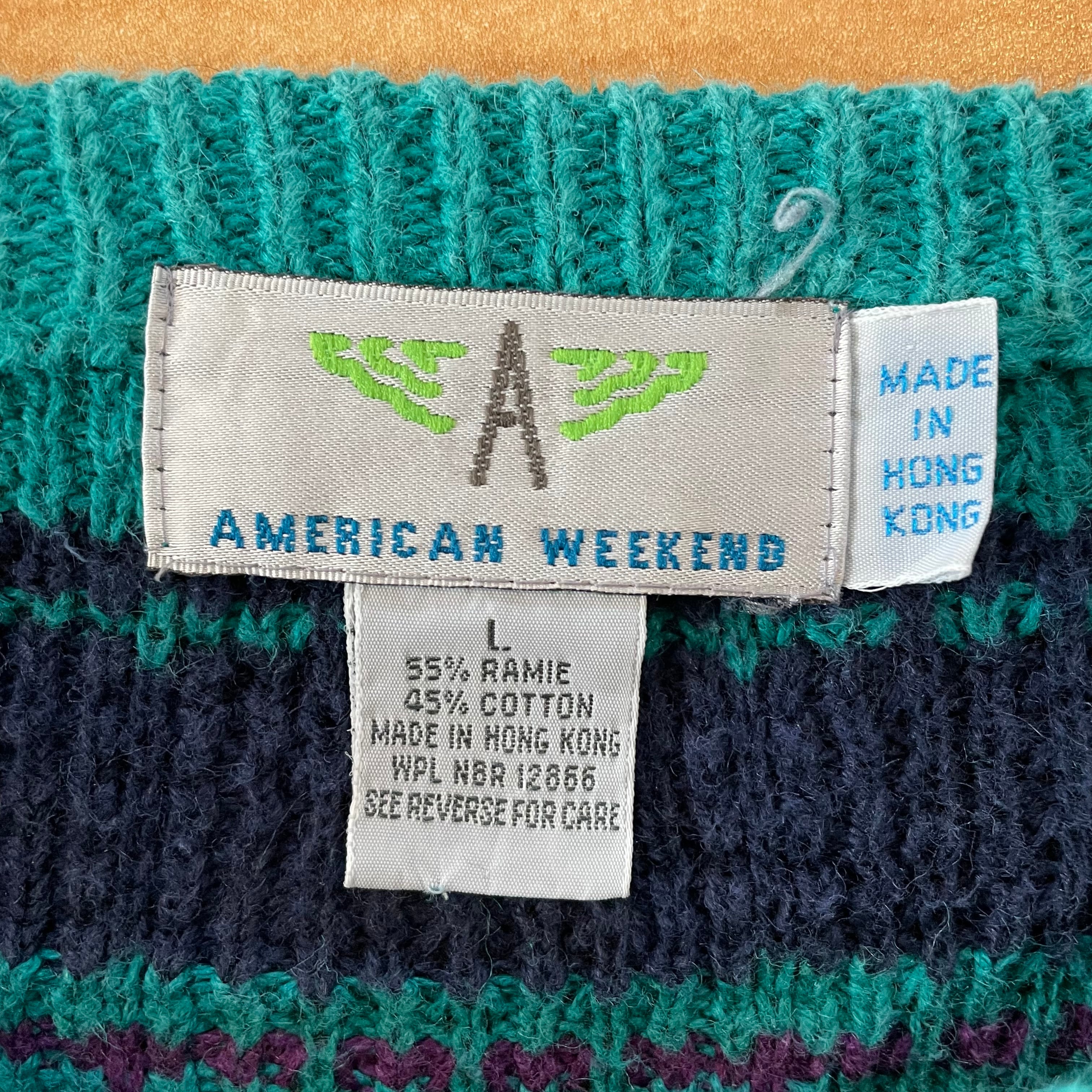 AMERICAN WEEKEND】香港製 柄ニット セーター ボーダー アメリカ古着