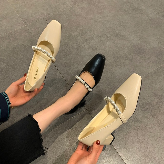 ブラックスプリングヒールパール 靴 シューズ ハイヒール 春物 真珠 スクウェア 部族の婦人靴18594026571