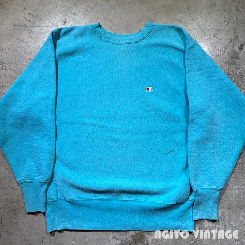 90's Champion チャンピオン リバースウィーブ スウェット 目付き ターコイズ 定番 刺繍タグ ダメージ有り LARGE USA製 希少 ヴィンテージ BA-2902 RM3323H