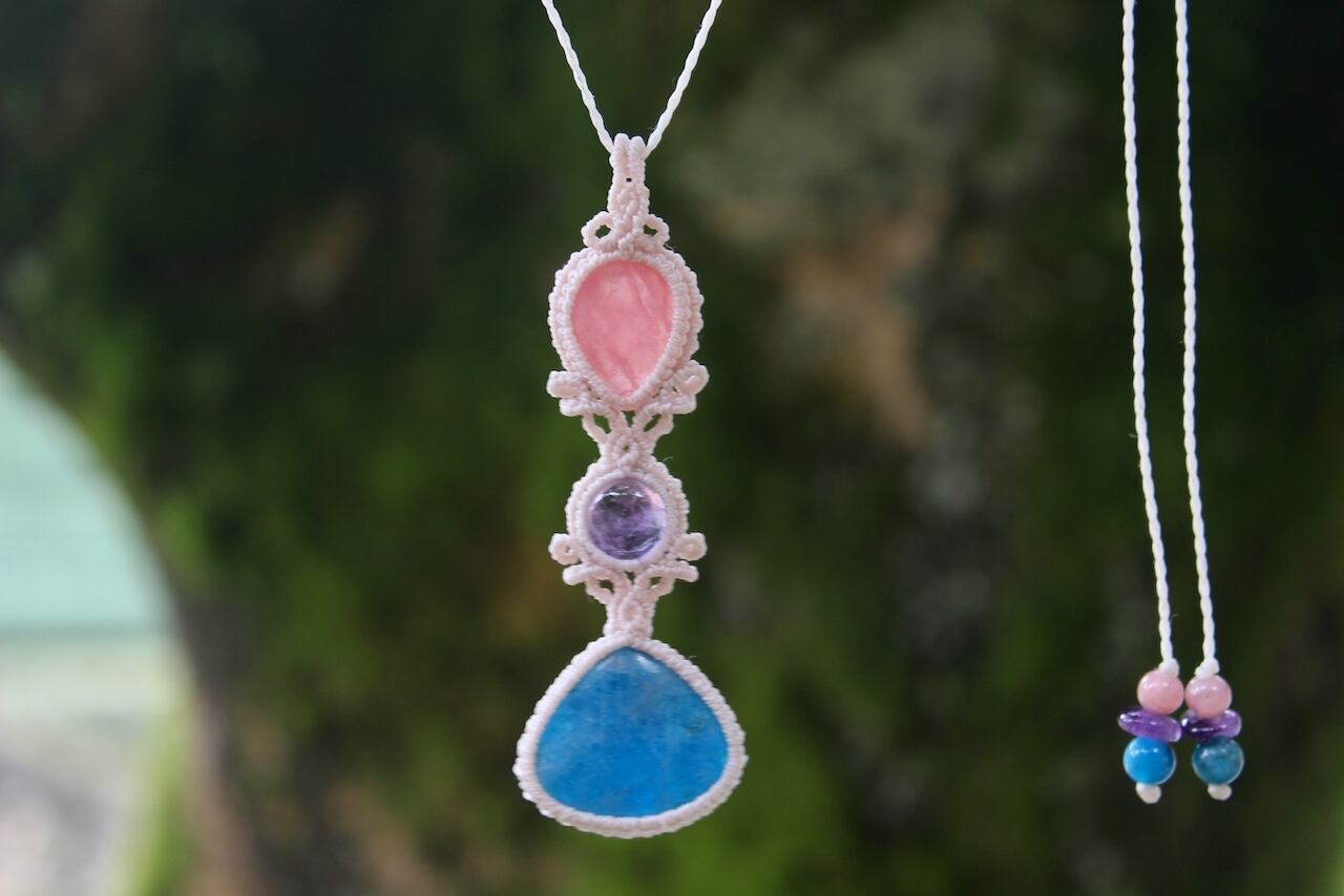 Apatite & Rhodochrosite & Amethyst micro macrame pendant