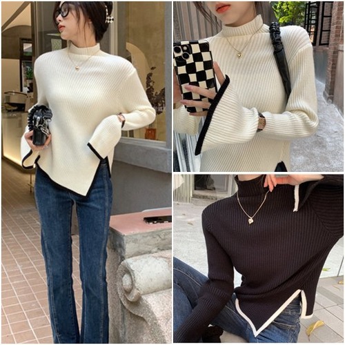 タートルネック ハイネック レディース 大きいサイズ ボリューム袖 アシンメトリー リブ編み ニット リブニット トップス 長袖 レディーストップス 体型カバー 通勤 おしゃれ 無地 セーター 着回し