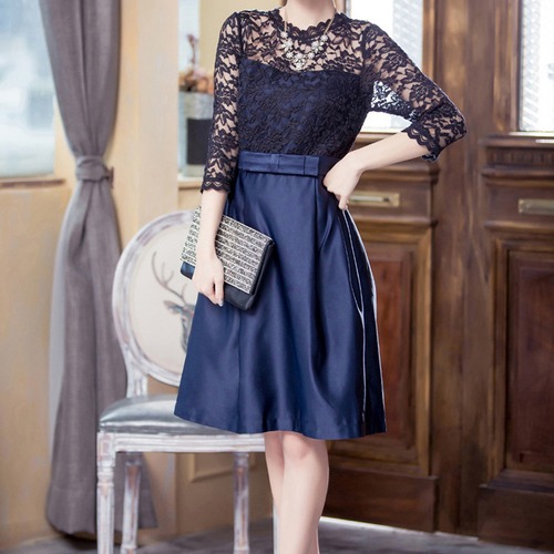 ワンピース ドレス レース ラウンドネック フェミニン セクシー 七分袖 ミディアム丈 透け感 黒レース お呼ばれ 2次会 レディース　BADB0002