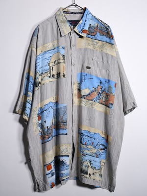 "冨嶽三十六景" multi square graphic over silhouette s/s shirt