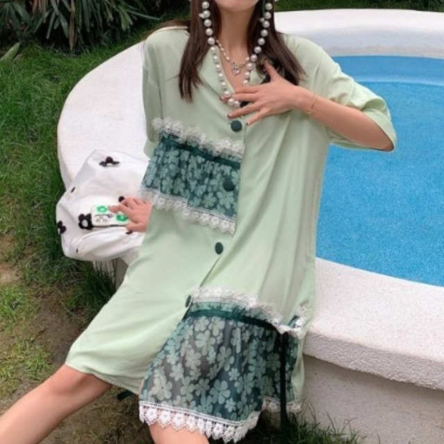 girly retro flower fresh light green lace shirt dress 0957