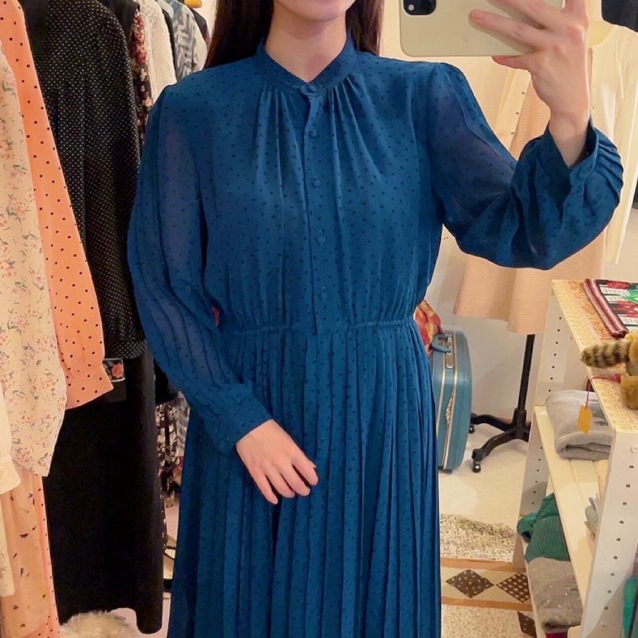 blue green dot pleats one-piece