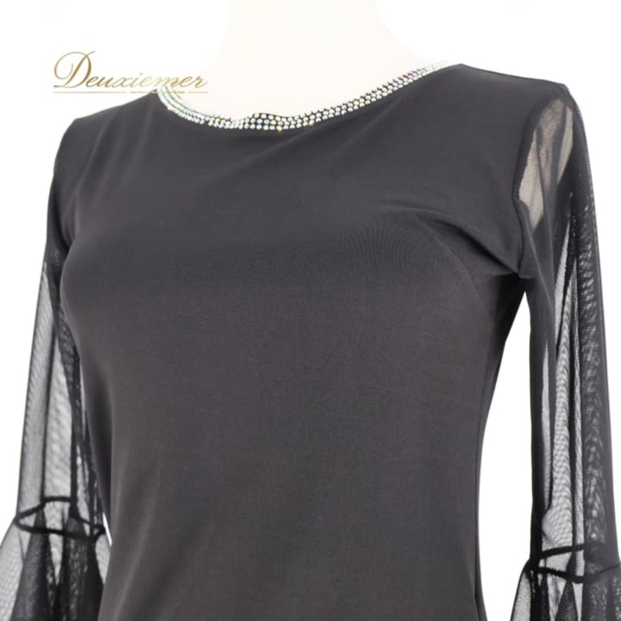 社交ダンス 衣装 トップス ブラウス ブラック系 タカダンス TAKA DANCE 黒 ラインストーン 練習 レッスン 伸縮 ストレッチ 透け感 上品 かわいい キラキラ ダンス衣装 ステージ イベント パーティー