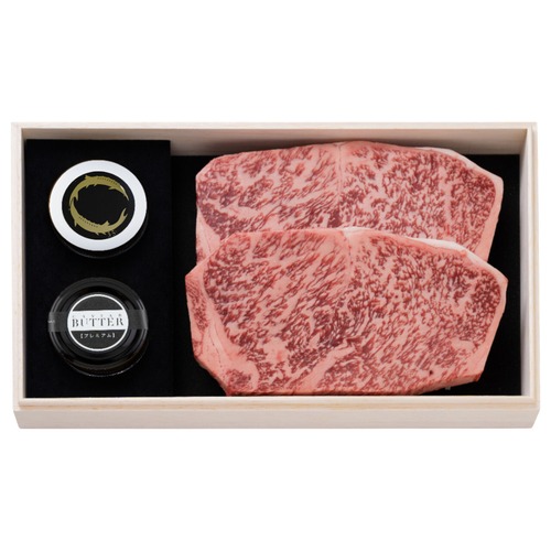 千屋牛ステーキセット サーロインＢ｜千屋牛ステーキ（サーロイン）肉200g×2と新見フレッシュキャビア 10g、新見キャビアバター（プレミアム）20gのセット | GF098