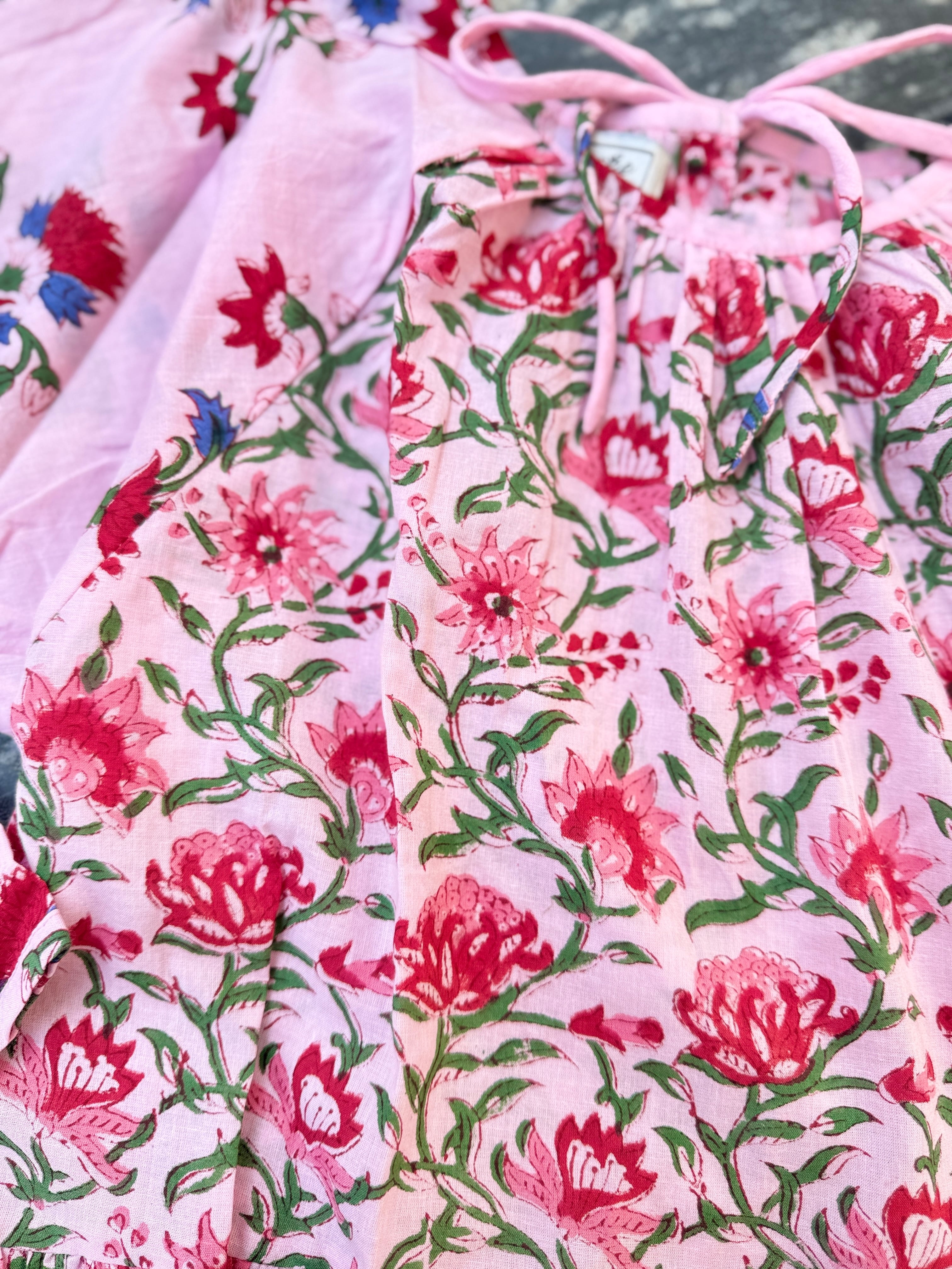 saruche ブロックプリント Raglan ギャザーワンピース Pink | saruche