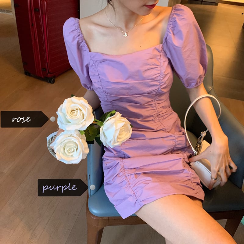 スプリングスカート カラースリーブプリーツショートドレス 春物 パープル スクウェア HUCHUJING8240499558