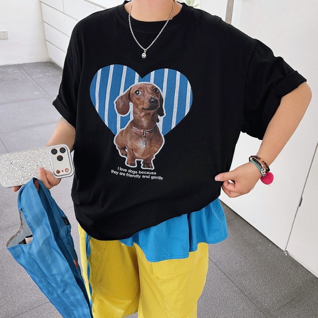 dachshund stripe heart print tee【2color】  e1973