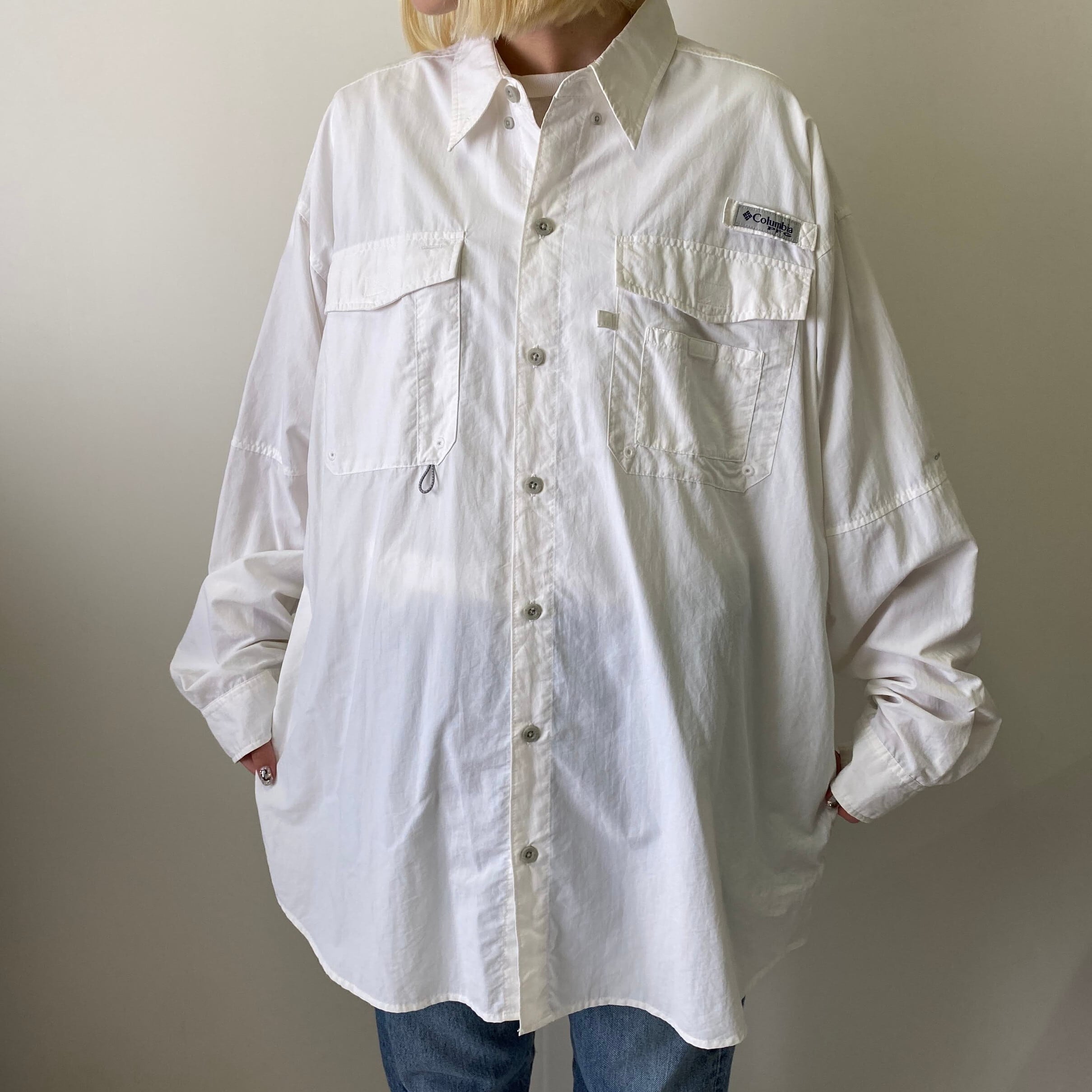 古着 キャピタル オーバーサイズ ビッグ シャツ 白シャツ ビッグサイズ Columbia コロンビア 長袖 ナイロン フィッシングシャツ