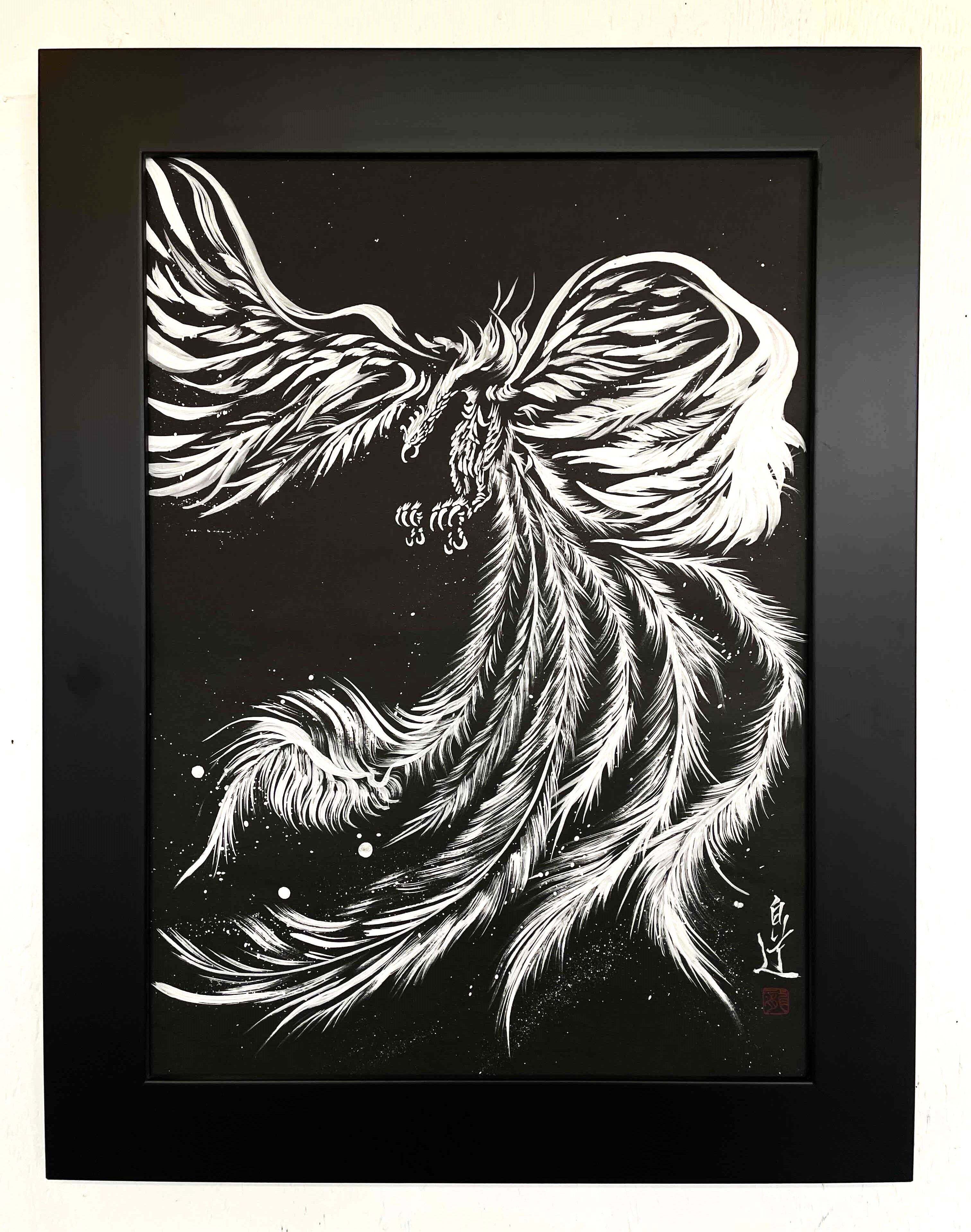 現代水墨画家 絵師白道 「白鳳凰」 直筆作品 証明書カード付 鳥 鳳凰