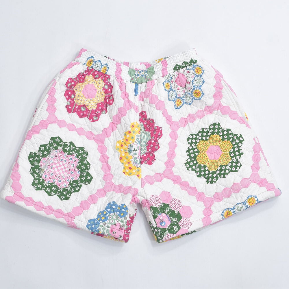 Remake リメイク ハンドメイド フラワーガーデン パッチワークプリントデザイン ルーズシルエット キルティング ショートパンツ 再構築 短パン ツギハギ W65~102