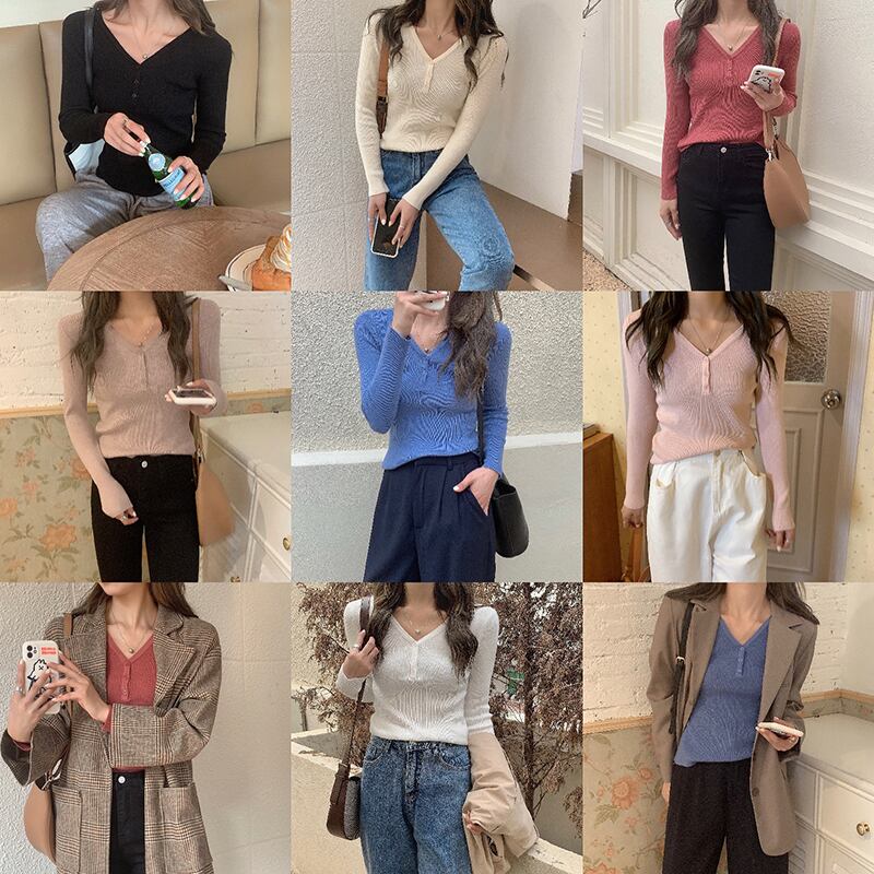 プルオーバーピュアカラーニットセーター薄片2020年初秋レディースVネックブレストスリムスリミングボトミングシャツインの新バージョン クレセントシティ36808888712