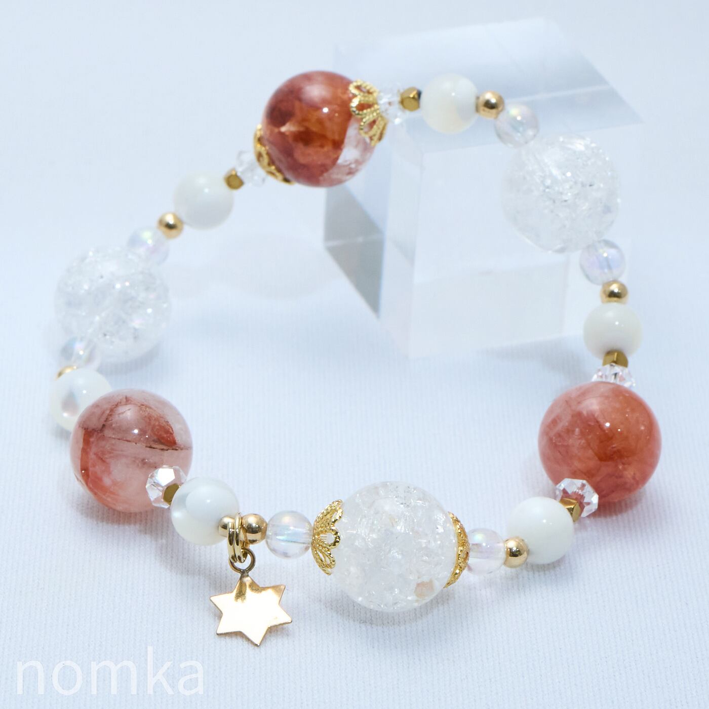 慈愛の活力と処方箋】レッドクォーツ×クラック水晶 デザインゴムブレス