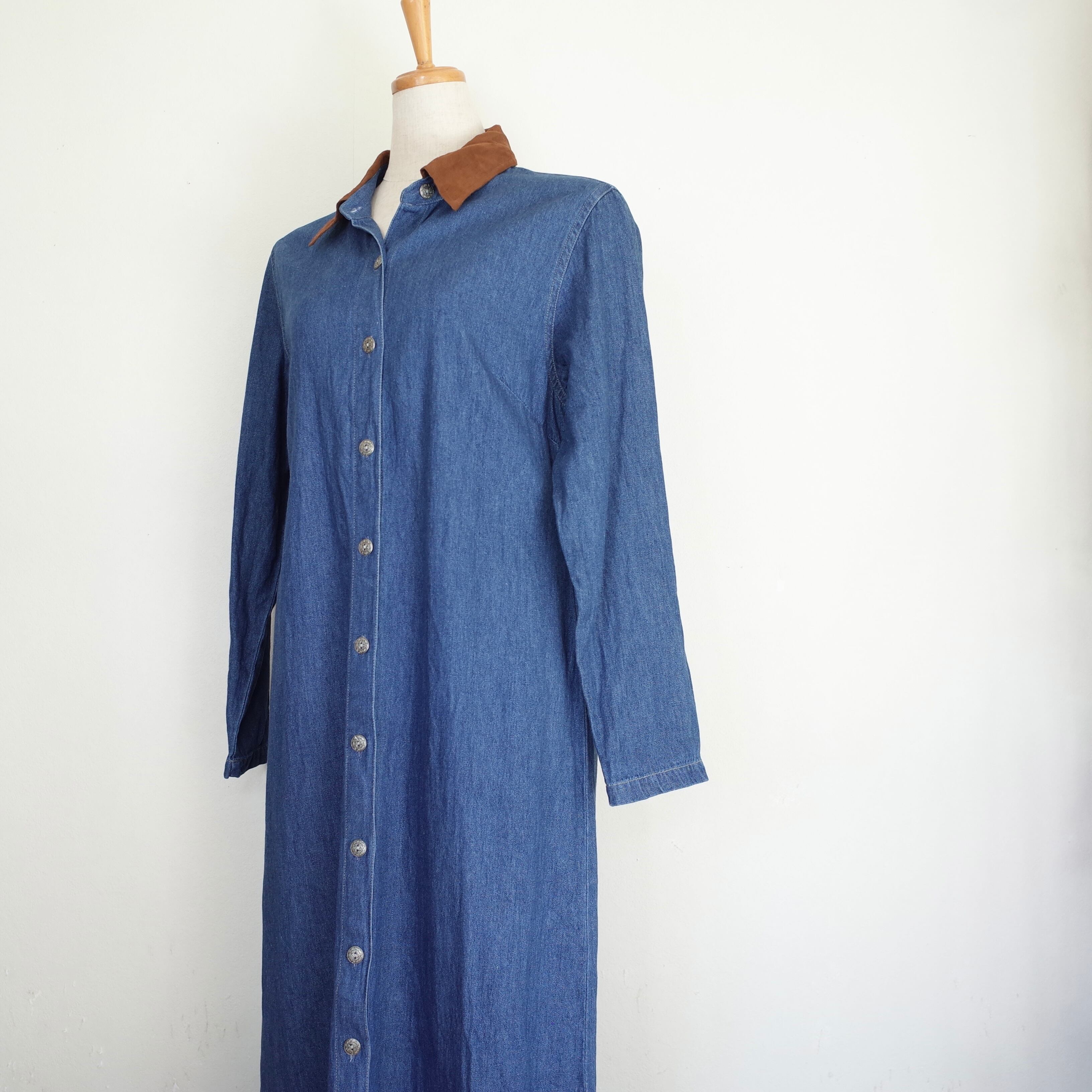 Eco suede collar denim long dress