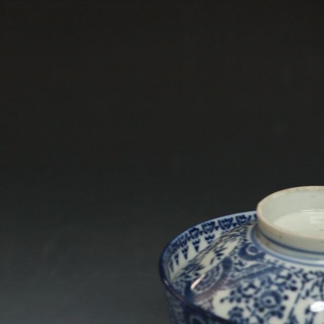 印判手 月竹籬菊文 蓋茶碗 1客 明治期 1900年頃 見立て蓋碗にも