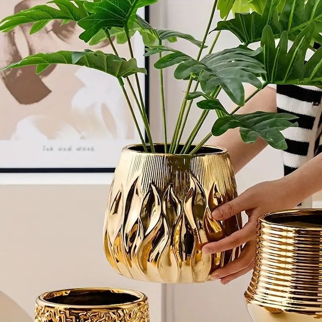 プランター フラワーポット フラワーベース 植木鉢 ゴールド セラミック 花瓶 花台 円形 シンプル おしゃれ インテリア モダン プレゼント ギフト