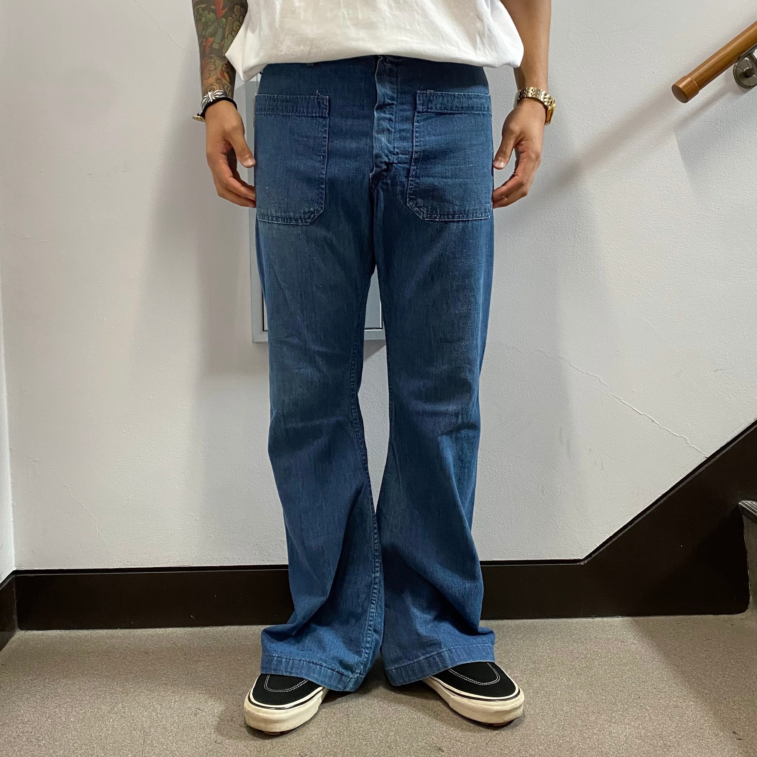 60's US NAVY seafarer Denim Sailor Pants W32 / USN 海軍 デニム 巻き ジーンズ ダンガリー フレア  ブーツカット セーラーパンツ アメリカ製 ヴィンテージ 古着