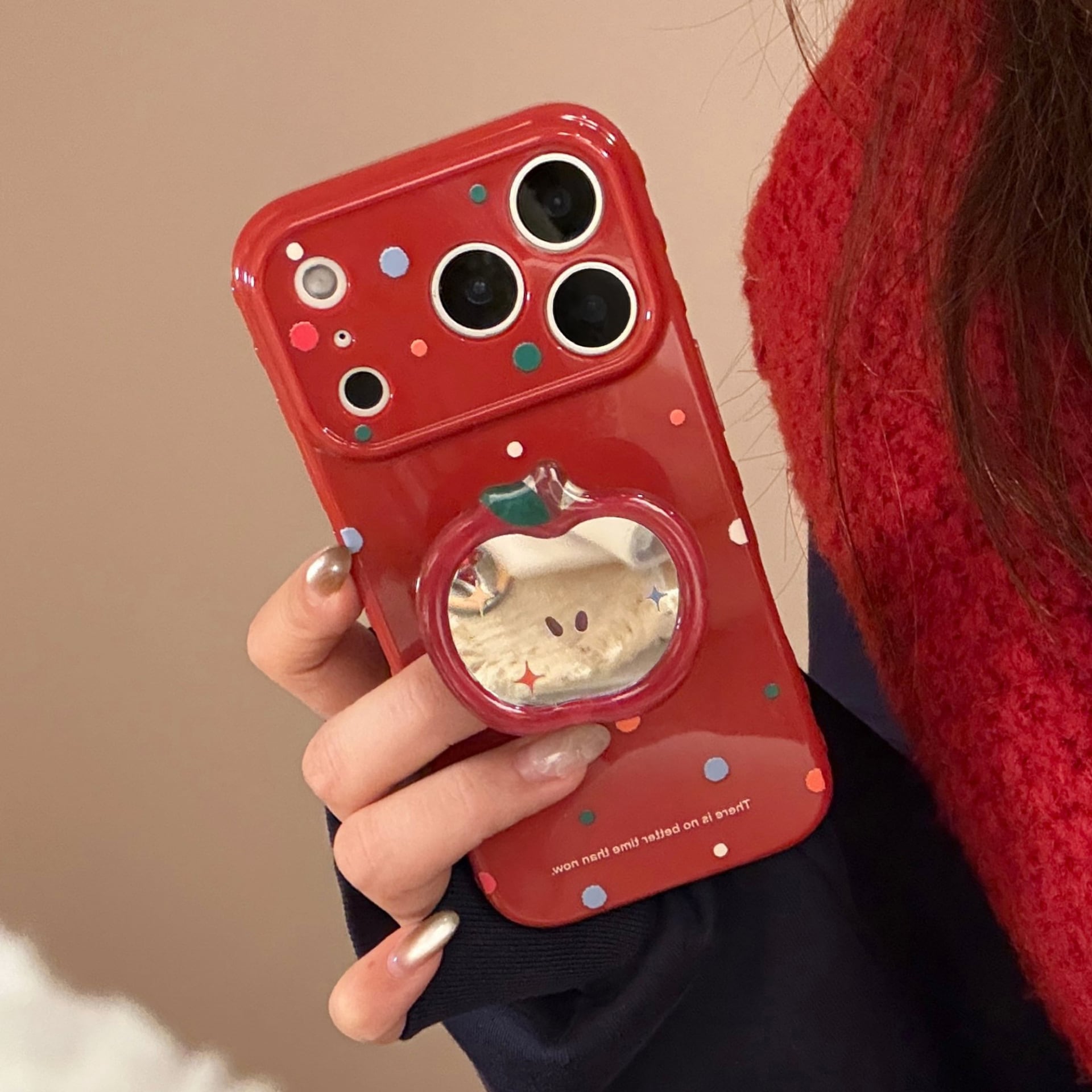 iPhone18-11対応】真っ赤なリンゴ◎鏡面グリップ ドット柄 韓国ケース