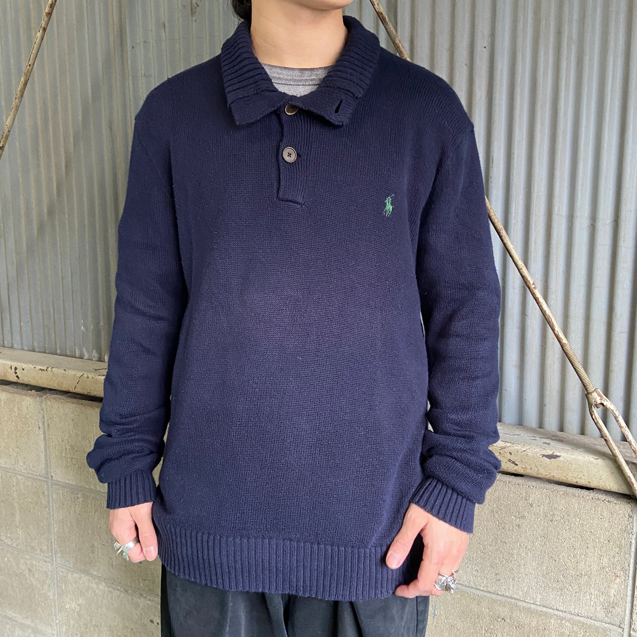 オールドラルフローレン ハーフボタンコットン ニットセーター メンズL 古着 ハイネック Polo by Ralph Lauren ブルー 青  ワンポイントロゴ刺繍 ポロバイラルフローレン【ニットセーター】【AN20】 | cave 古着屋【公式】古着通販サイト