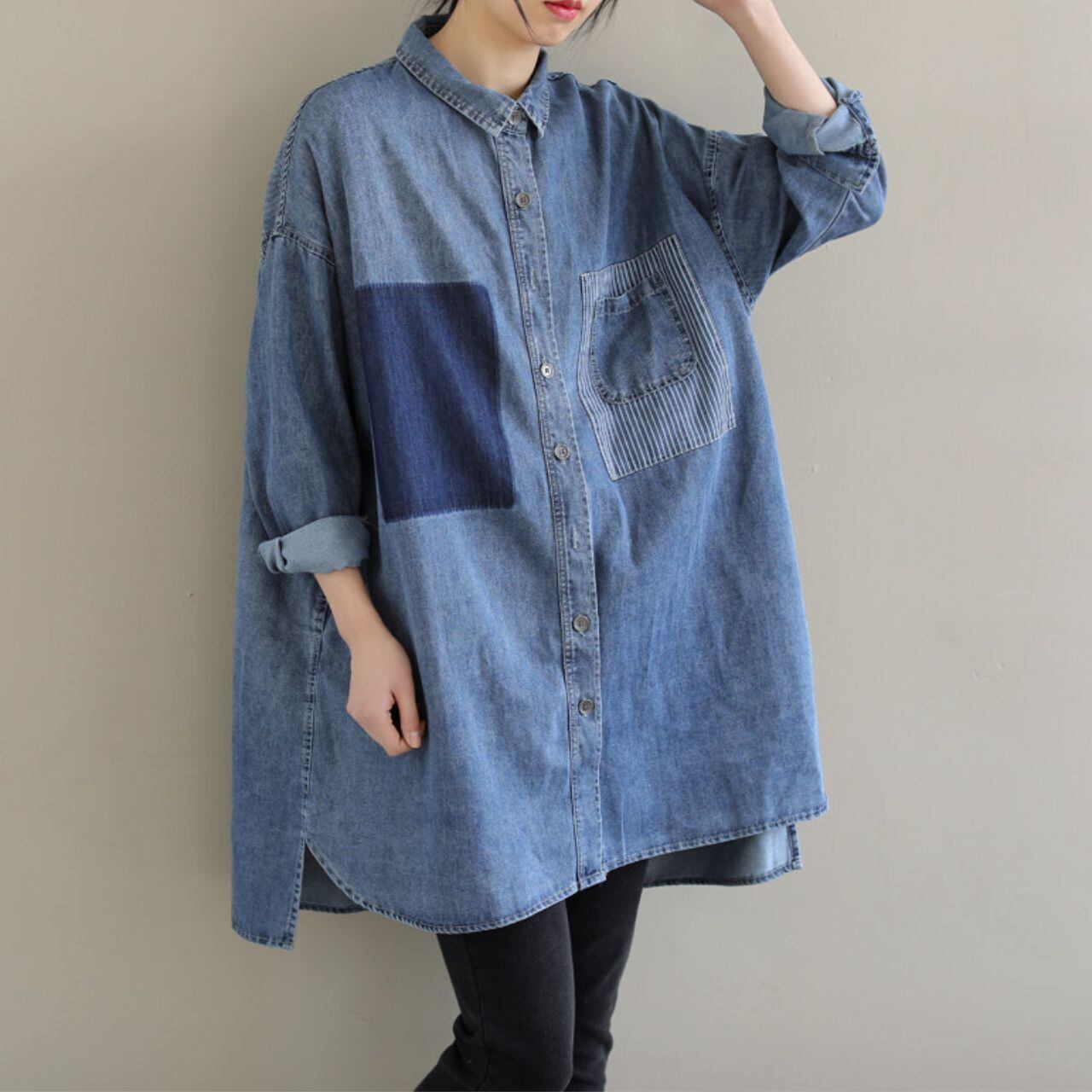 ゆったりデザイン デニム風ロングシャツ Ln00472