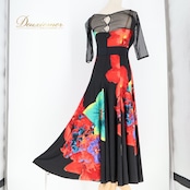 社交ダンス 衣装 ジャンティ gentil ワンピース ドレス ブラック系 レッド系 グリーン系 黒 赤 緑 伸縮 ストレッチ ダンス パーティ 発表会 花柄 おしゃれ 女性用 エレガント フラワープリント 薄手 スタイリッシュ 競技 マルチカラー