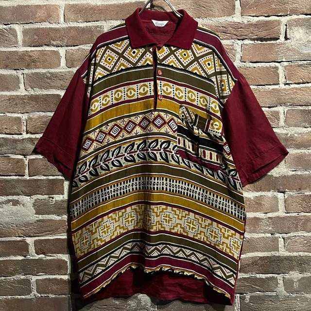 【Caka act3】Ethnic Pattern Euro Vintage Loose Linen x Rayon Mix S/S Polo Shirt