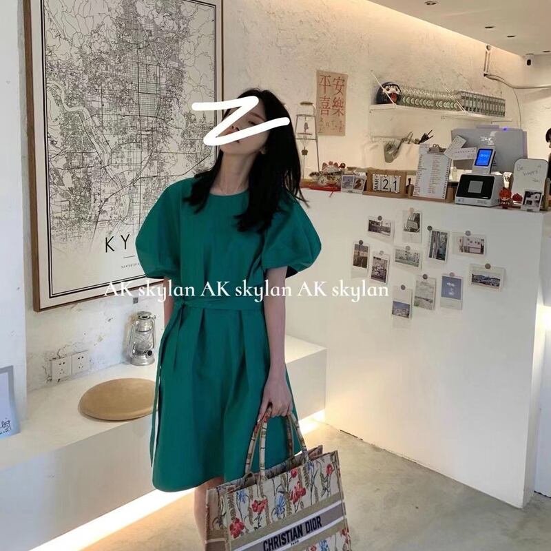 ドレス サマーカジュアルルーズ薄手ベルト ウェストソリッド カラーラウンドネックスカート 夏物 ハーネス Oネック ソリッドカラー ビッグFスモールZ韓国25257760262