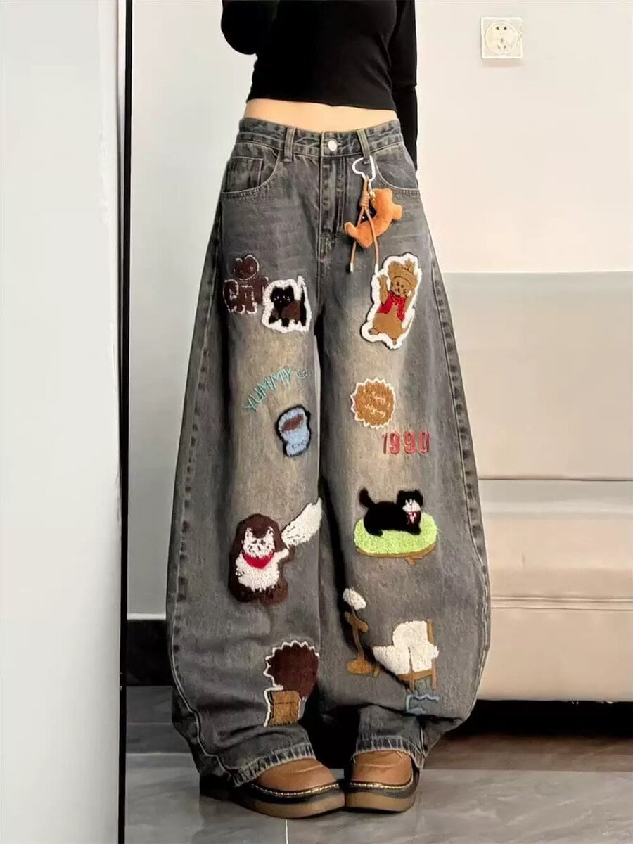 152cm〜 ヴィンテージブルーのワッペン刺繍ワイドデニム