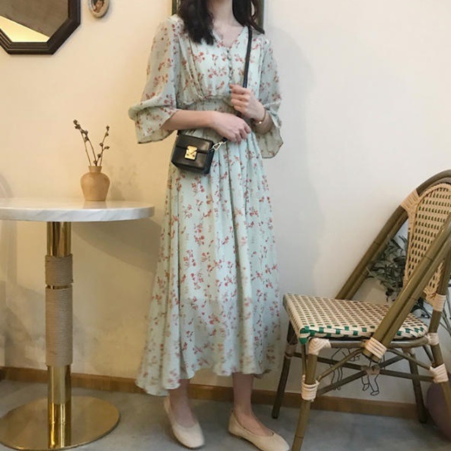 【送料無料】花柄 ワンピース Vネック Aライン ハイウエスト ロング ミモレ丈 フレア シフォン フェミニン レトロ キレイ目 上品 大人可愛い ガーリー お出かけ デート デイリー 普段使い OP-087IU
