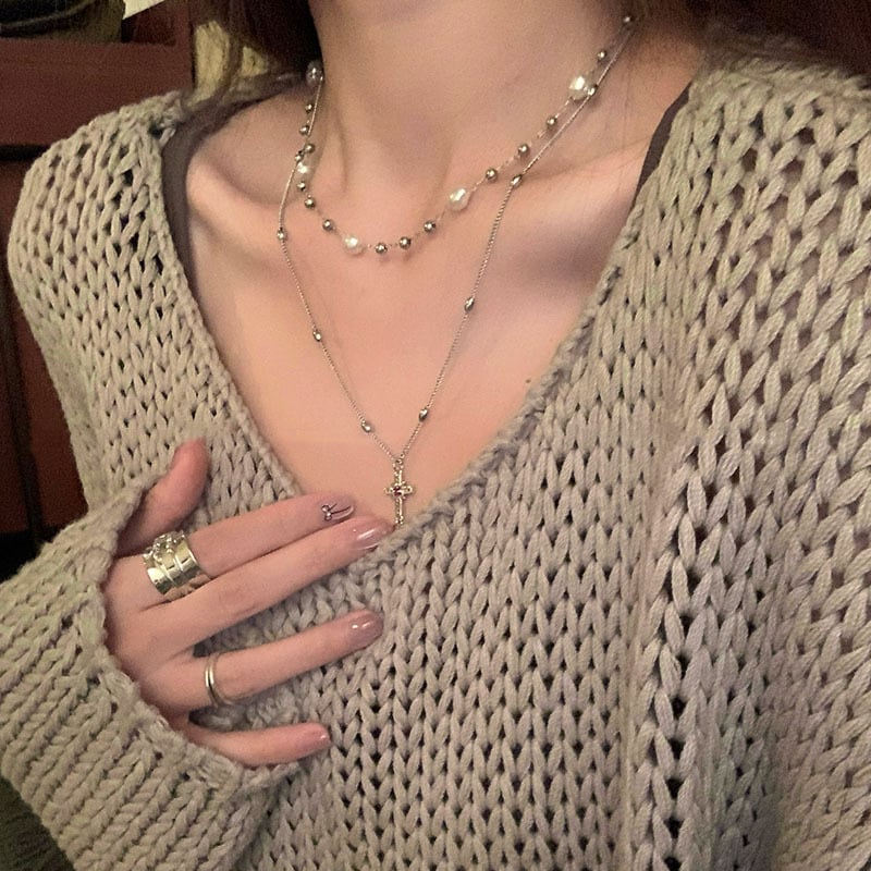 tianクロス真珠2層重ねネックレス