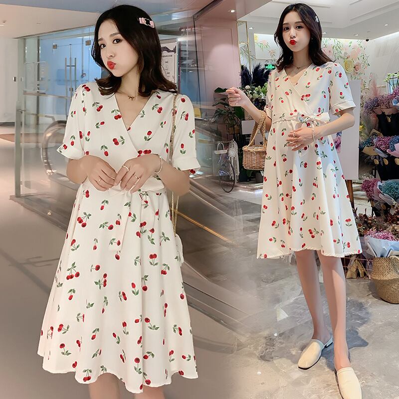 【新作】【送料無料】 マタニティウェア2019夏バージョンの新しいファッションVネックチェリープリントミドル丈ルーズ母乳育児ドレス妊婦-アリババ サマー 夏物 expec219542196961