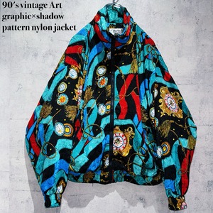 90's vintage Art graphic×shadow pattern nylon jacket