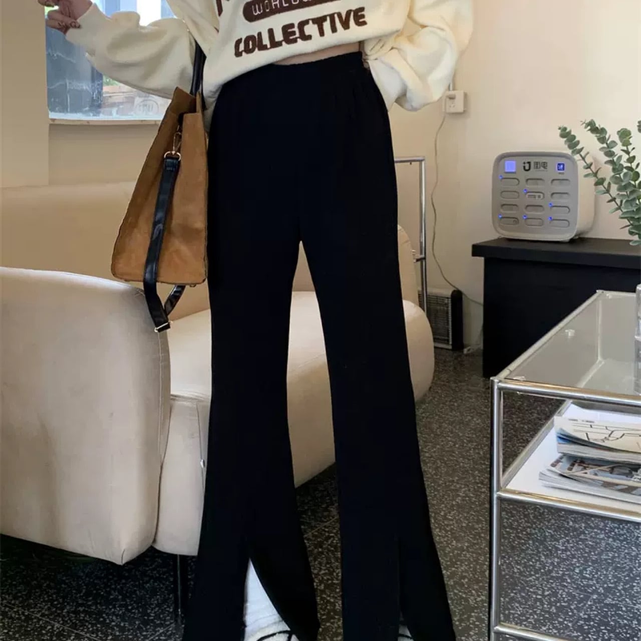 パンツ ワイドパンツ レディース スウェットパンツ ロングパンツ 韓国ファッション 大人カジュアル 大人可愛い 無地 きれいめ スリット入り 冬コーデ 冬ファッション | Luluca 韓国トレンドファッションLuluca-ルルカ-